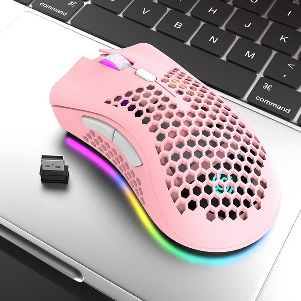 Chuột Chơi Game Không Dây 2.4G, Chuột Có Thể Sạc Lại Với Hiệu Ứng Ánh Sáng RGB 3 DPI Có Thể Điều Chỉnh Khoét Lỗ, Thiết Kế Tổ Ong Màu Đen