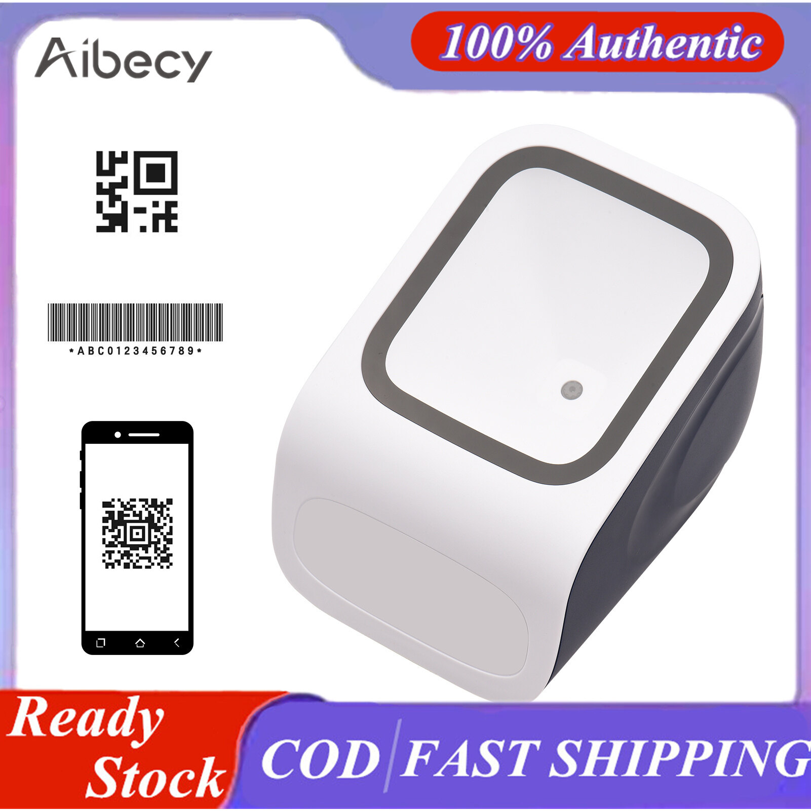 1D 2D QR Desktop Barcode Scanner Platform Hands-free USB Wired Bar Code Reader Scanner Plug&Play Compatible with Window Android System Large Scanning Window for Supermarket Library Retail Store Mobile Payment Computer Screen Scan