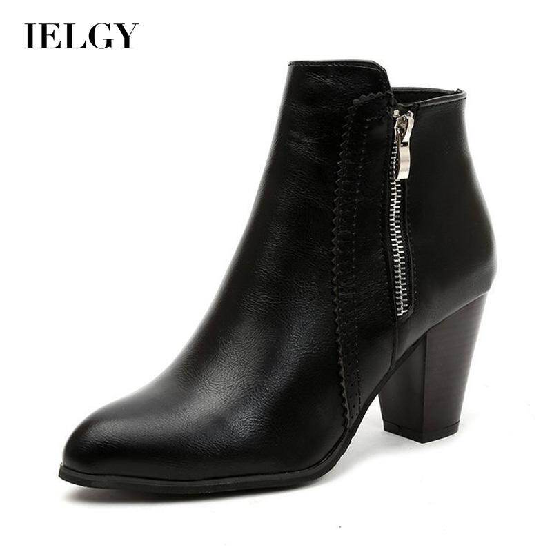 IELGY European and American retro color brushed chunky heel side zipper ankle boots for women