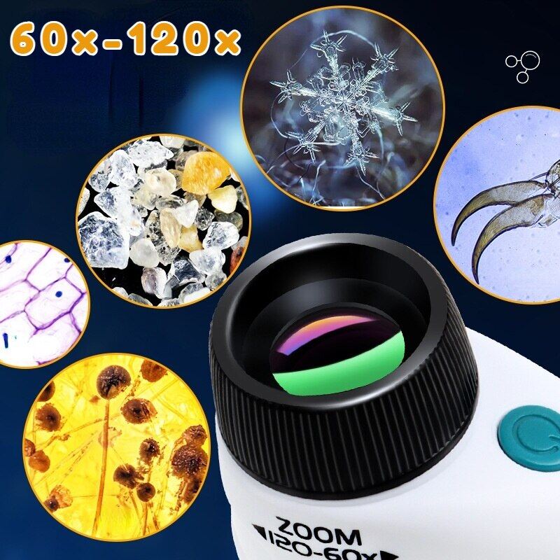 Kids Science Microscope Toy 60-120x Educational Mini Pocket Handheld Microscope With LED Light Outdoor Children Stem Toy Gifts