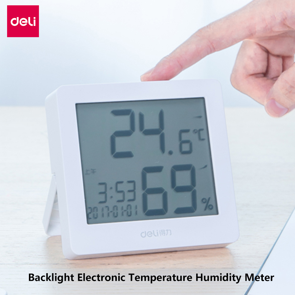 Deli Backlight Electronic Temperature Humidity Meter With Large Digital LCD Screen Thermometer Hygrometer Dual Use Room Indoor Temperature Date Alarm Clock Household Safety Thermometer Humidity Sensor For Living Room Hotel