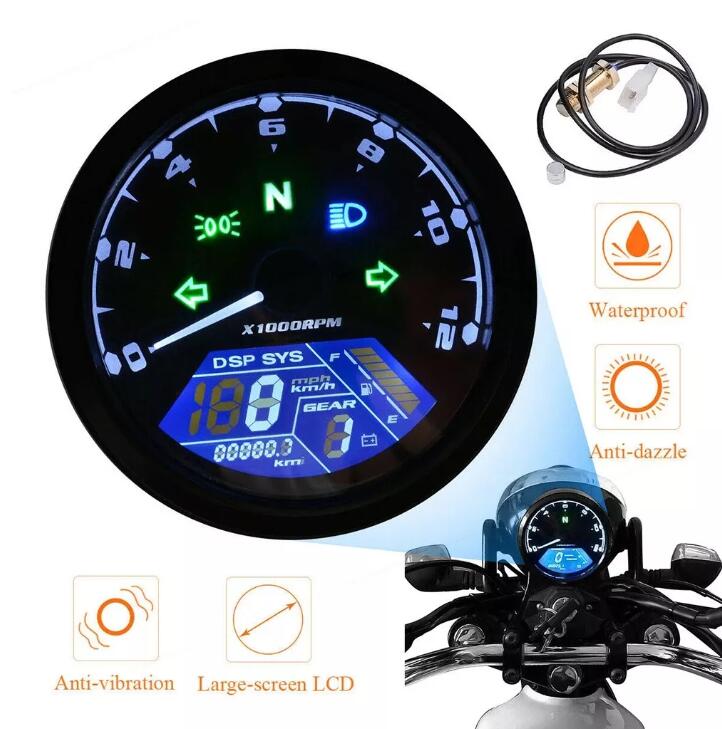 12000 RPM Xe Máy Tachometer Xe Máy Kỹ Thuật Số Đo Tốc Độ Đo Dặm Kỹ Thuật Số LCD Đa Chức Năng Kỹ Thuật Số Chỉ Số Nhiên Liệu Meter Rpm Tachometer Đo Với Khung Cảm Biến