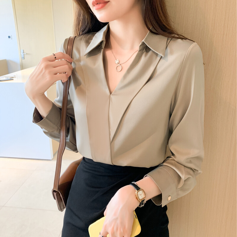 Misumixiu satin imitation silk shirt for women's 2023 autumn new women's lapel chiffon long sleeved tops