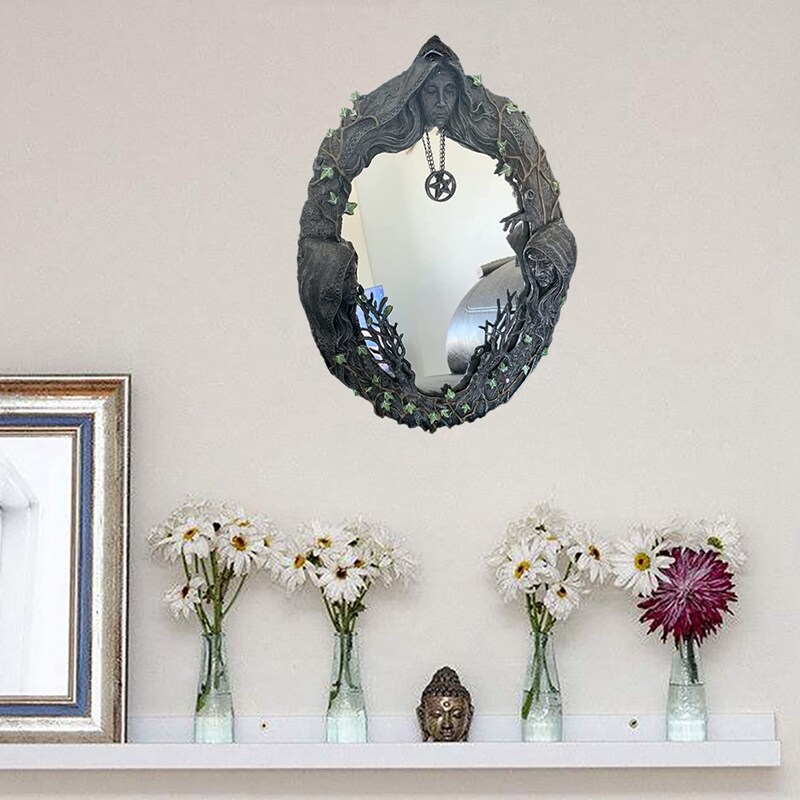 Triple Moon Goddess Wall Mirror Trinity Wall-Mounted Mirror with Five-Pointed Retro Hanging Mirror