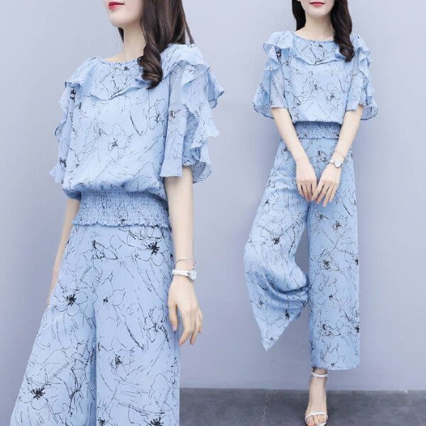 Chiffon Women Summer Fashion Shirts Summer New Korean Two-piece Floral T-shirt and Wide Leg Pants for Women Casual Fashion Suit