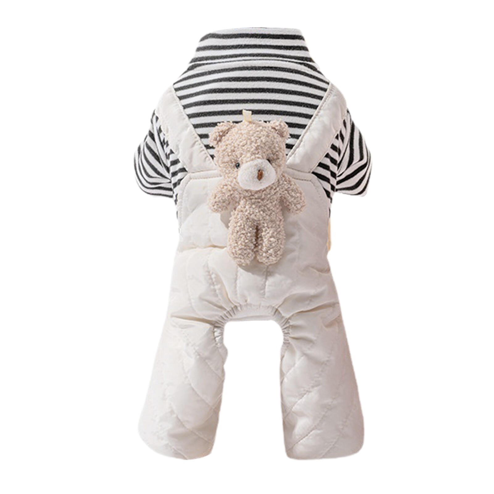 Pet Jumpsuit Super Soft Button Closure Cartoon Design Stripe Pattern Windproof Keep Warm Acrylic Fibers Winter Warm Four-Legged Pet Clothing with Bear Decor Pet Supplies