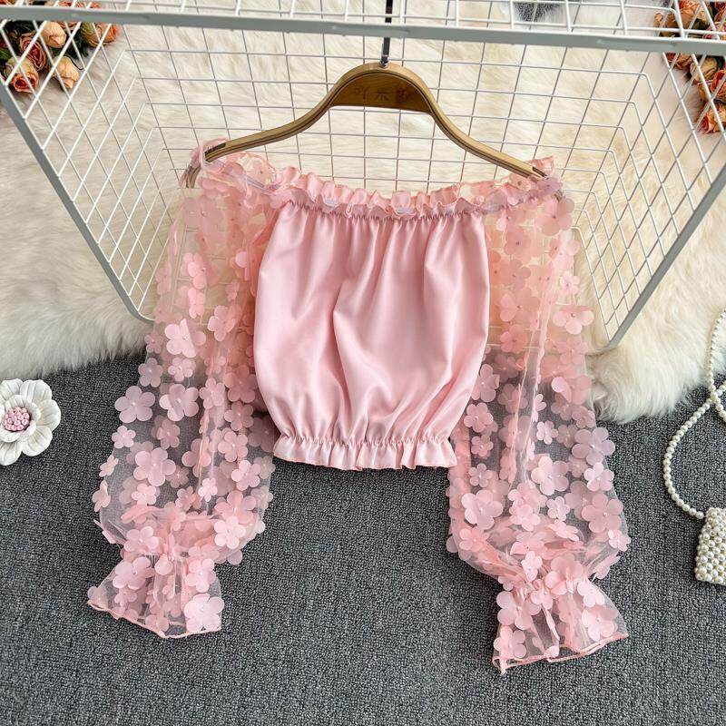 Off Shoulder Flower Perspective Mesh Stitching Chiffon Shirt Women's Loose Top