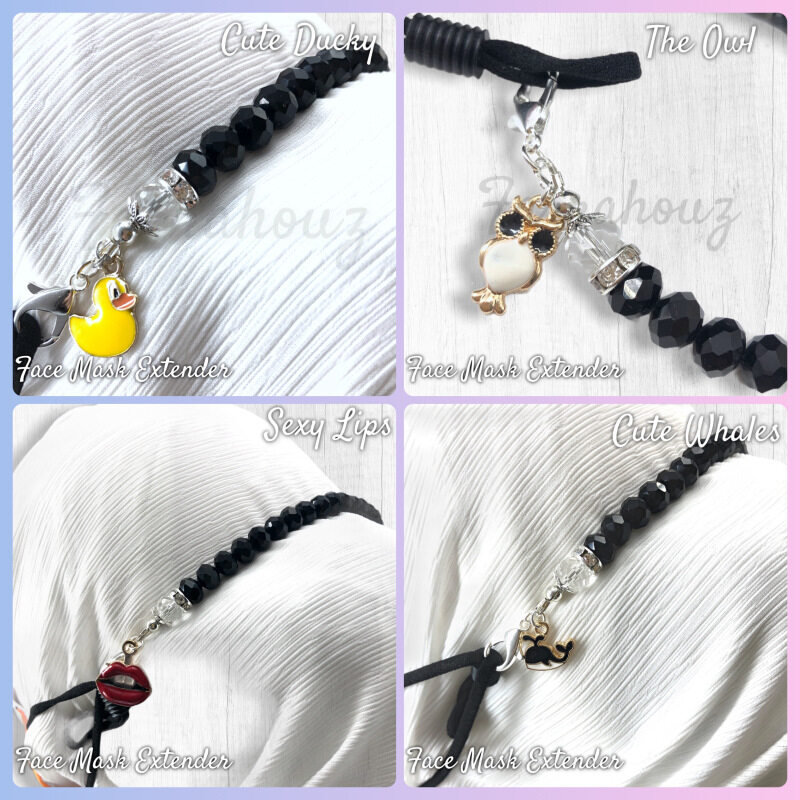 Kawaii Mask Extender - Black Crystal with Owl / Duck / Whales Charm