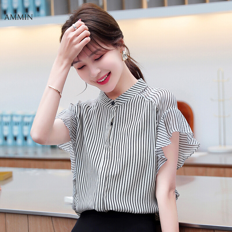 AMMIN Stand collar stripe chiffon shirt women's 2021 summer flare sleeve short sleeve cardigant elegant blouse tops