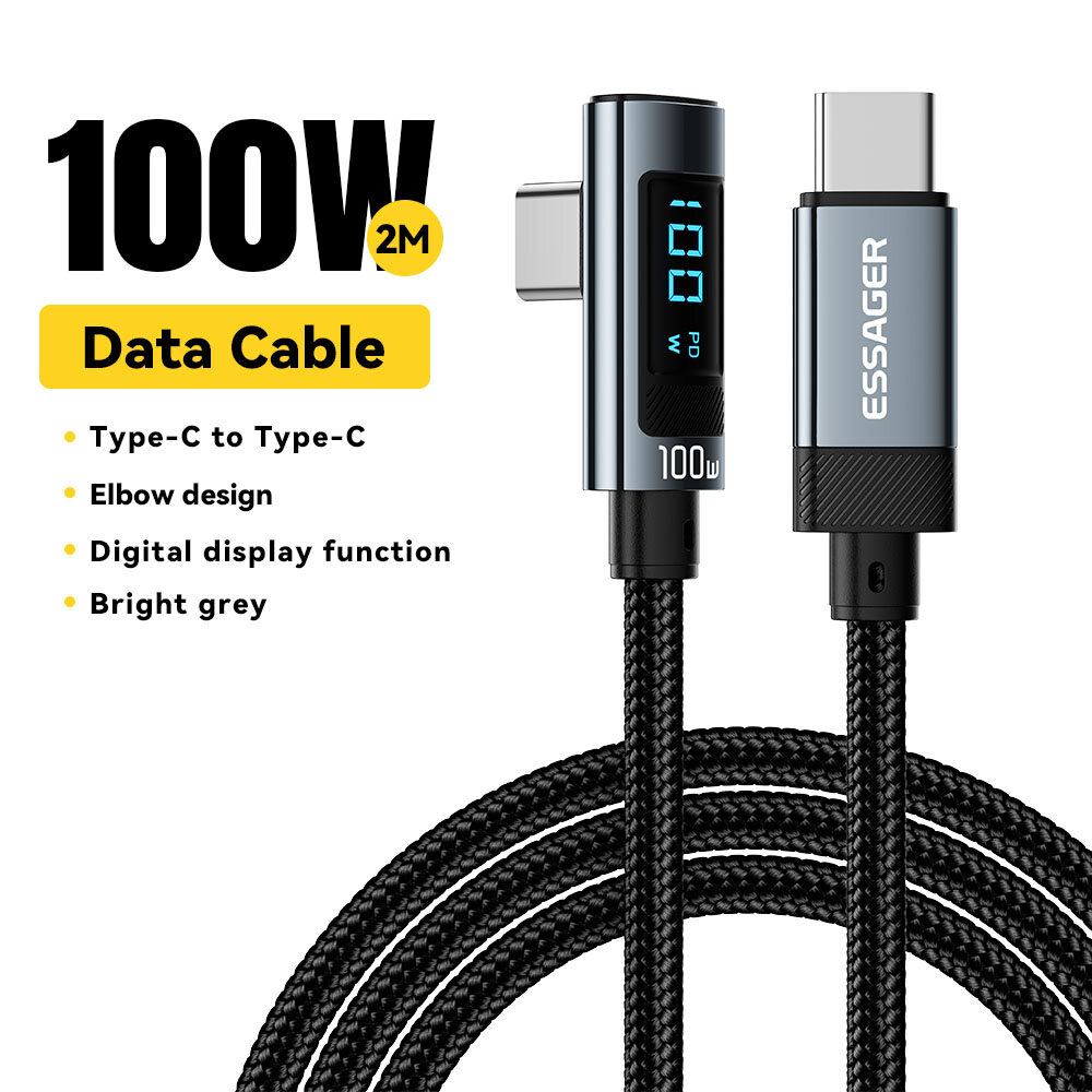 Essager pd 100w type c to type c cable elbow digital display usb2.0 usbc fast charging mobile phone data cord for laptop xiaomi black shark cell phone