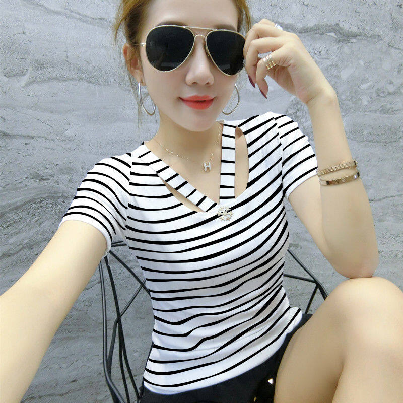 Mùa hè kẻ sọc ngắn tay Áo Phông Cổ Chữ V trắng ôm vừa nữ cơ bản dành cho người mảnh khảnh Áo sơ mi tay áo lửng