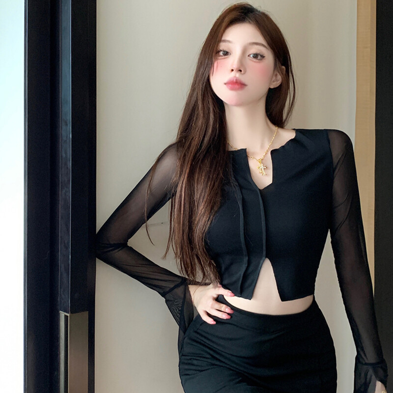 Beautifultime Women's V Neck Crop Tops, Sheer Mesh Long Sleeve Solid Color Split Hem Tee Shirts