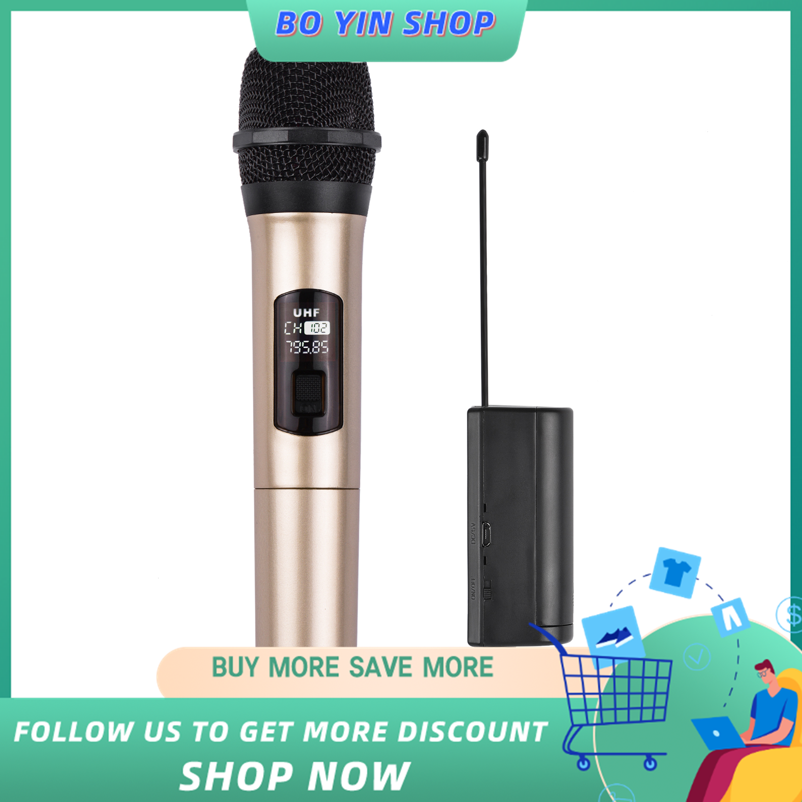 Handheld Wireless Microphone UHF Dynamic Mic with Portable Mini Receiver 6.35mm Plug Compatible with Speaker Karaoke System Home Theater System Amplifier Sound Card Mixer for Karaoke Speech Meeting Stage Performance