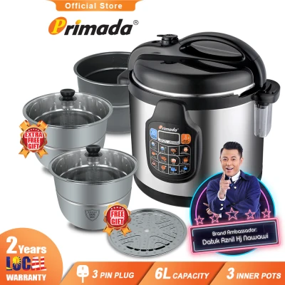 Primada 6 Liter Triple Pots Pressure Cooker PC6030 (1 NON STICK POT + FREE 2 STAINLESS STEEL POTS + 1 STEAM RACK)