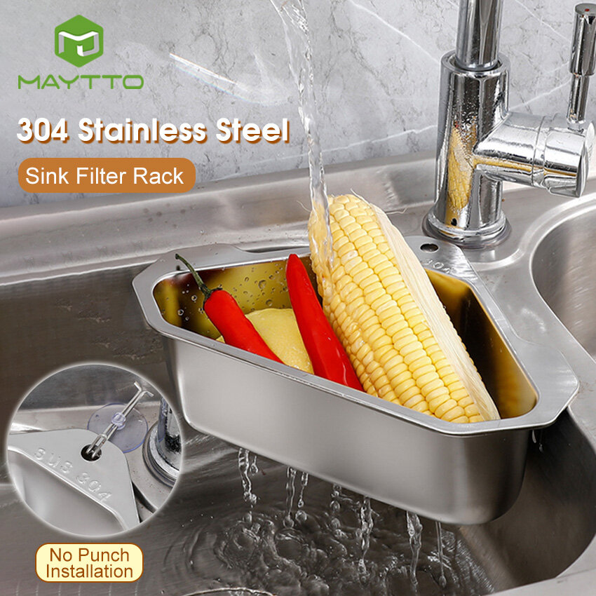 MAYTTO Sink Filter Rack 304 Stainless Steel Drain Rack Triangle Kitchen Sink Basket Shelf Sink Strainer Sponge Holder Filter Sink Receiving Basket Food Waste Filter Upgraded Kitchen Accessories