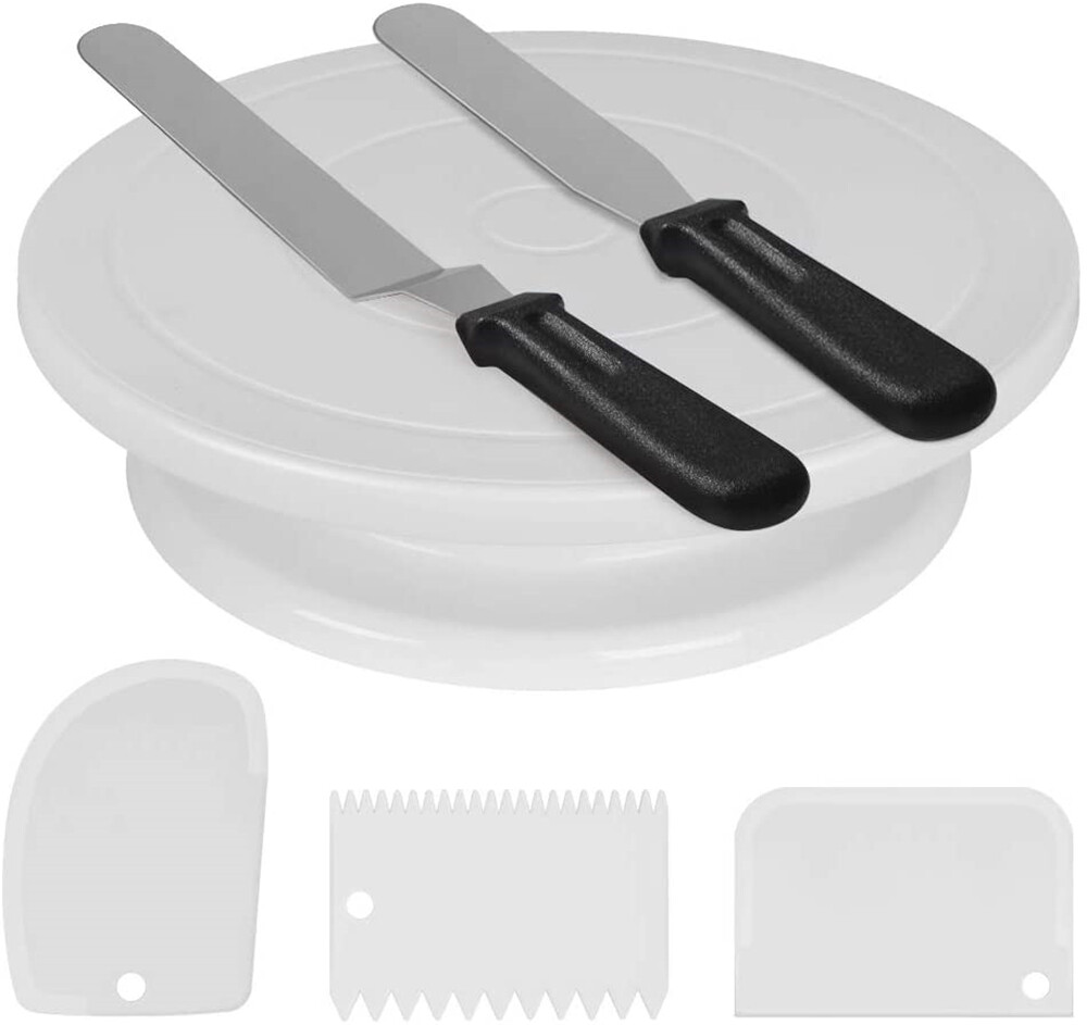 11 Inch Rotating Cake Turntable with 2 Icing Spatula and Icing Smoother, Revolving Cake Stand White Baking Cake Decorating Supplies
