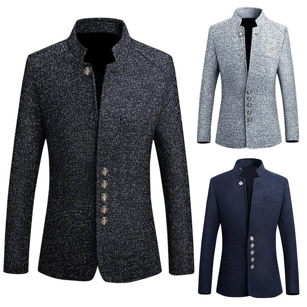 Benferry Men Solid Color Long Sleeve Stand Collar Single-breasted Plus Size Slim Blazer