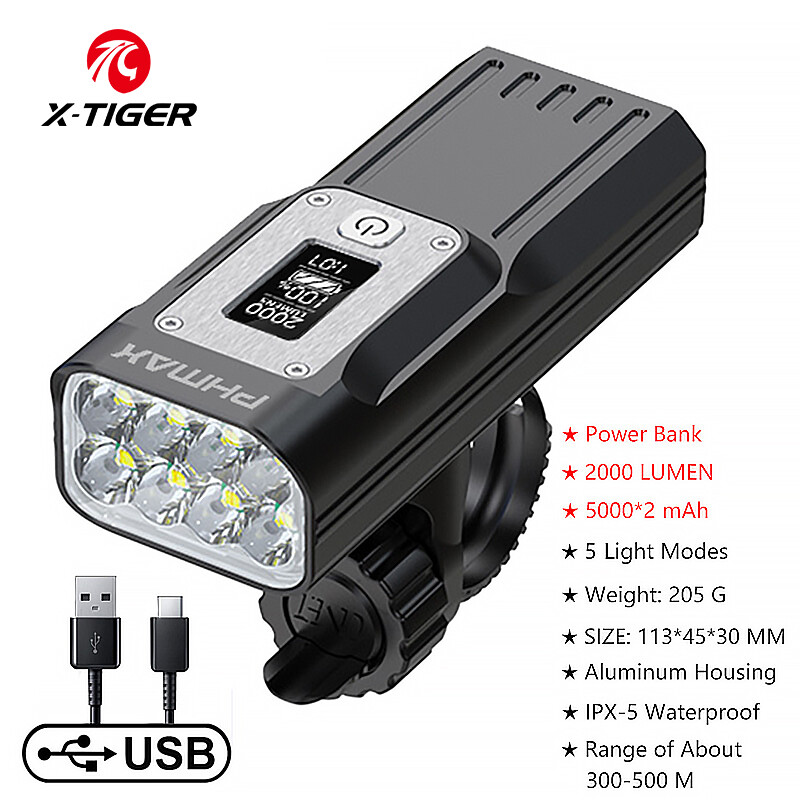 X-TIGER Đèn led chiếu sáng gắn xe đạp chống mưa 900 Lumens cổng sạc USB đèn pin xe đạp thể thao