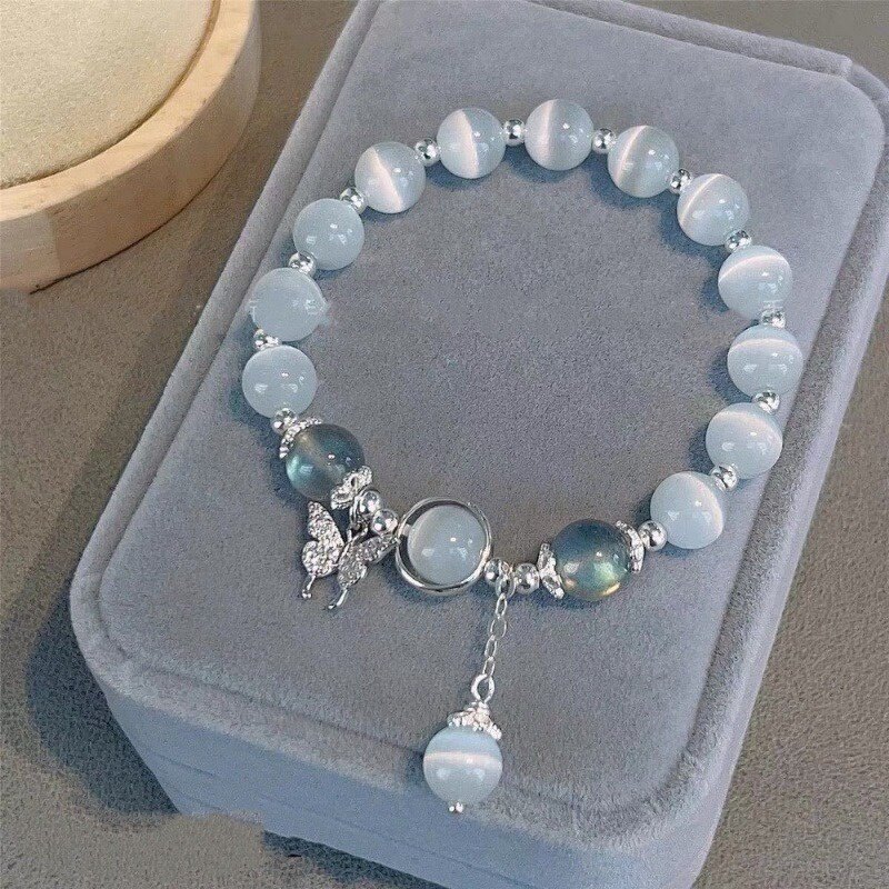 Fashion Women Artificial Opal Butterfly Pendant Bracelet Crystal Beaded Bracelet Jewelry Gift Accessories