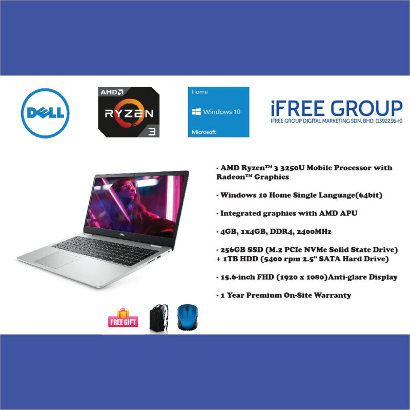 Dell Inspiron 15 3505 - Silver 15.6 inch (Ryzen 3 3250U, 4GB, 256GB SSD + 1TB HDD, W10 ) Student and work laptop Malaysia