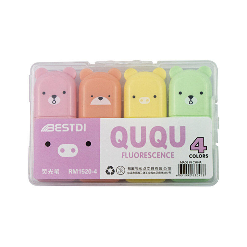 4/5/6Pcs DIY Cartoon Bear Highlighter Pens Portable Soft Oblique Tip Mini Markers School Office Stationery Fluorescent Pen