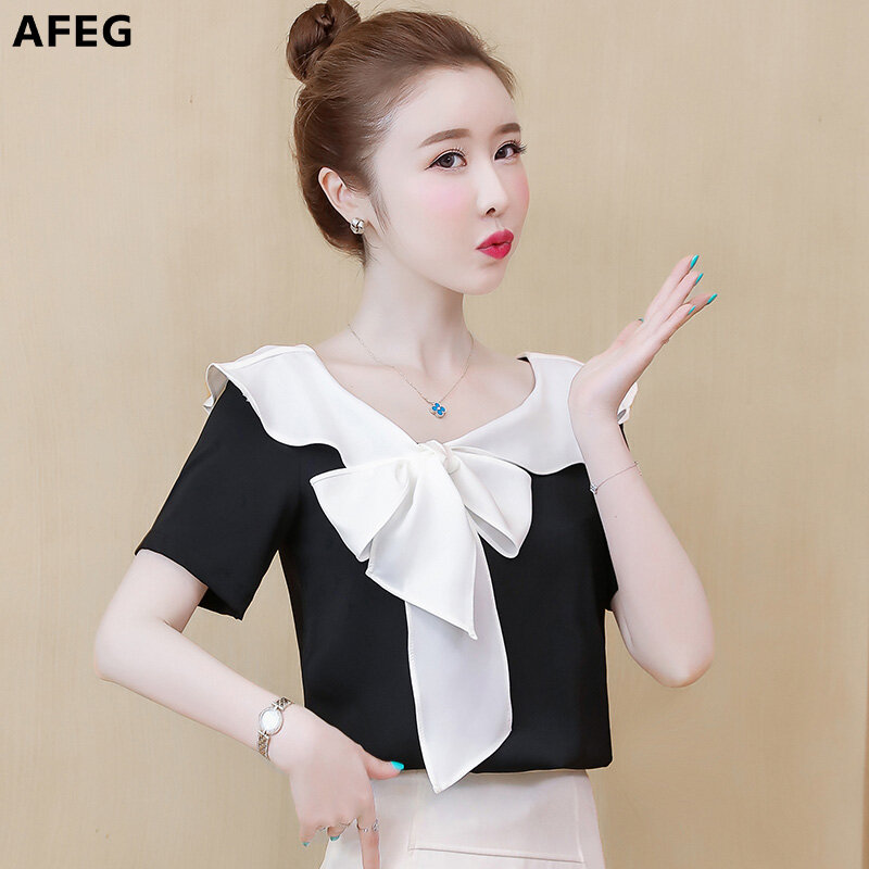 AFEG new Korean women's short-sleeved chiffon casual fashion wild temperament elegant blouse