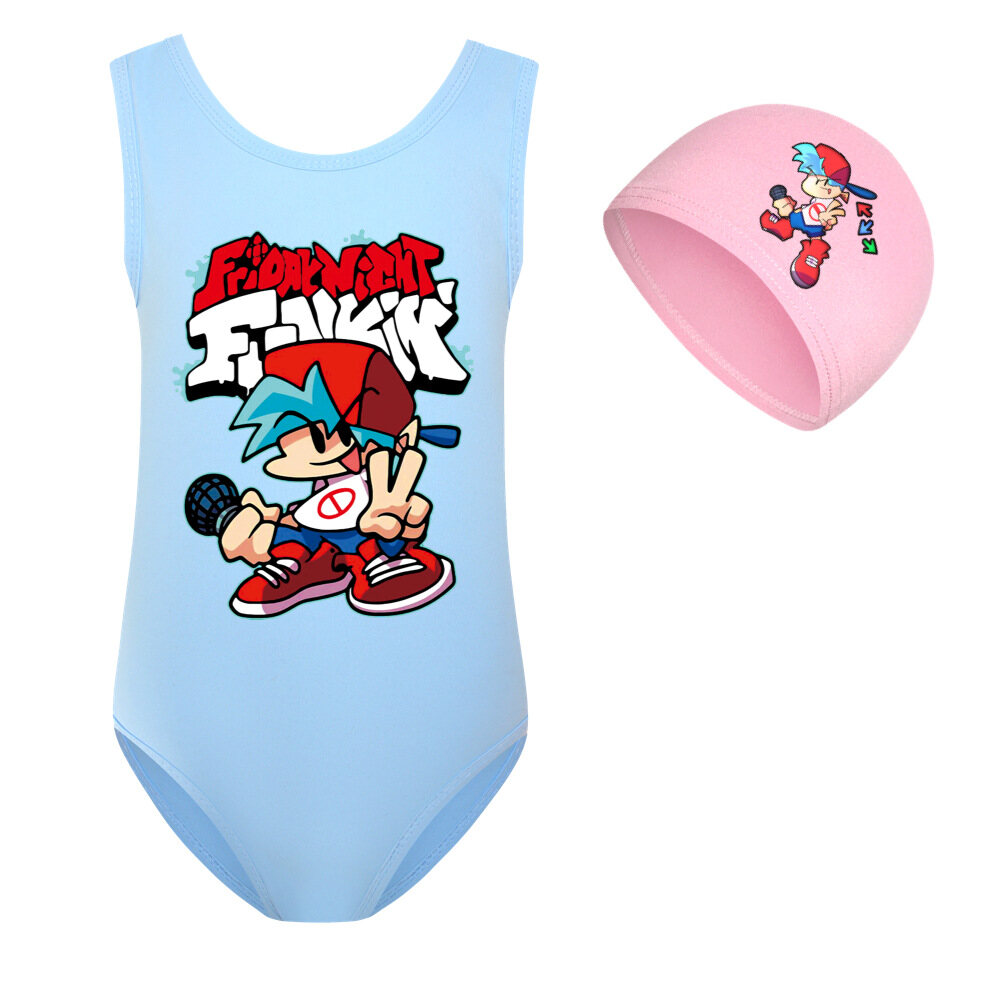 Friday Night Funkin Girls Baby Swimsuit Summer Kids One-piece Swimsuit Swimsuit Swimming Cap Set New Girl Cartoon Beach Wear Bathing Suits