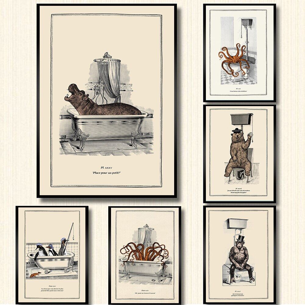 Funny Bathroom Toilet Decoration Canvas Painting Animal Bathtub Poster Print Octopus Penguin Chimpanzee Retro Wall Picture Art