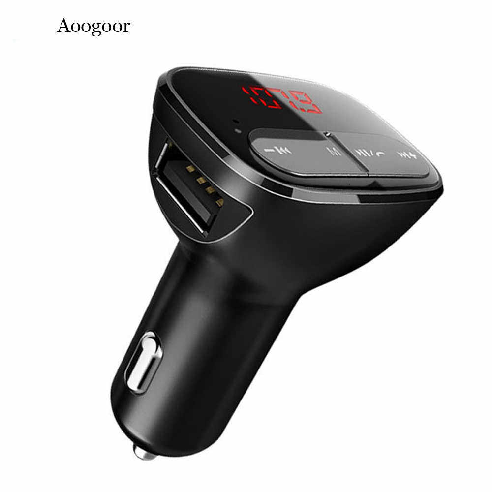 Aoogoor บลูทูธรถชุดเครื่องส่งสัญญาณ FM MP3 พร้อม LED USB 2.1A ที่ชาร์จเร็วจอแสดงผลแอลอีดีหูฟังแฮนด์ฟรีสำหรับ iPhone X Xiaomi 6