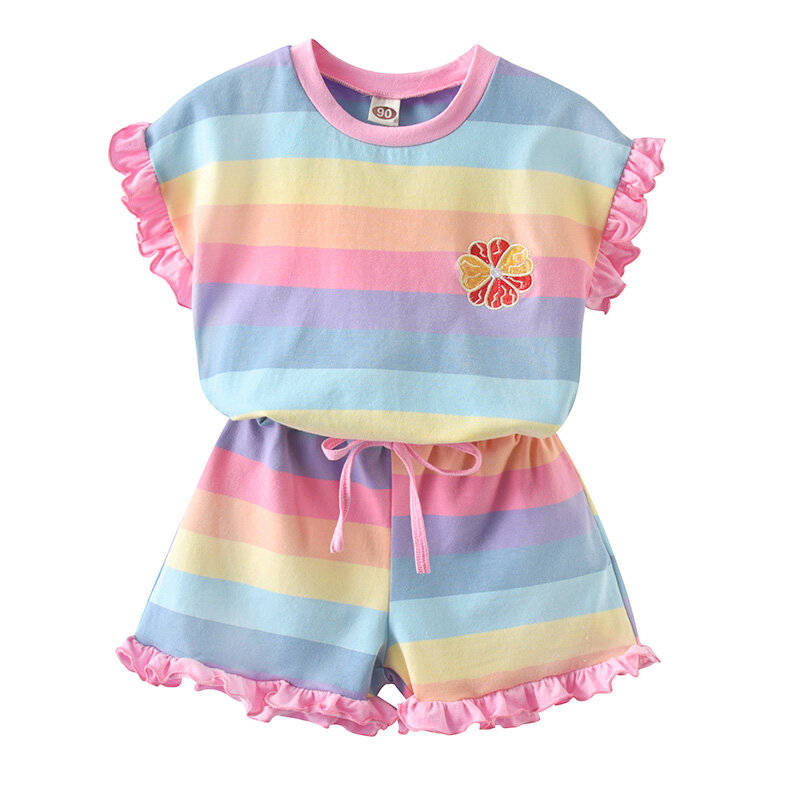 KOVOKA Girls Colored Stripes T-Shirt and Shorts Set for 2-6 Years Summer Outfit