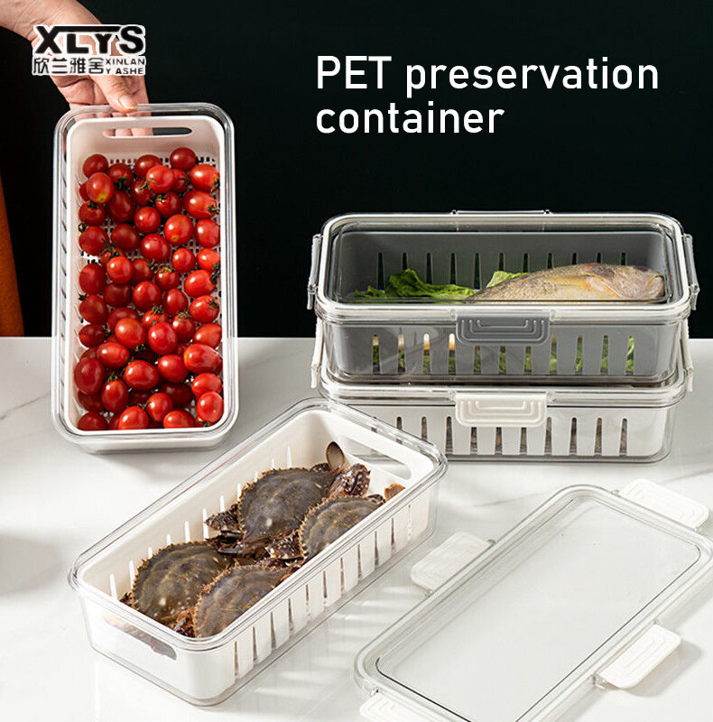XINLANYASHE refrigerator storage box Fresh storage box, available in 2 sizes, food storage box refrigerator food storage There is a plastic grid plate. sealed box translucent refrigerator preservation set Rectangular PET food box