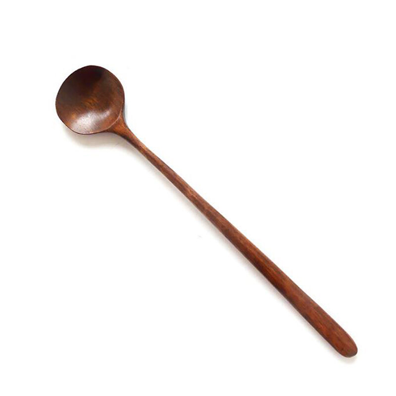 MMU 1×Long Spoon Wooden Natural Wood Long Handle Round Spoon for Soup ...