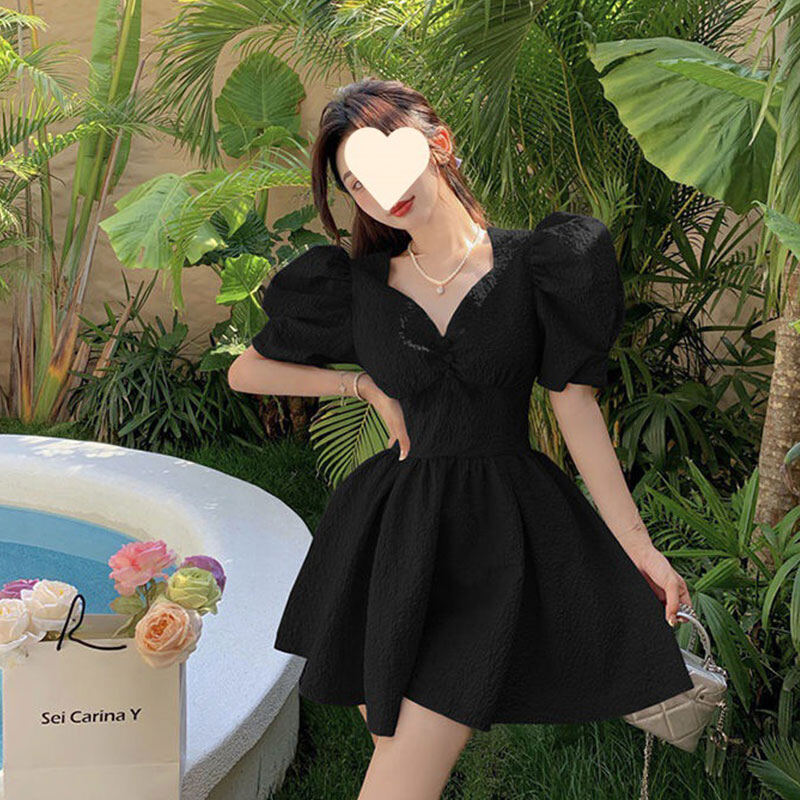 DUOHANZI Đầm Nữ Kiểu Pháp mới Đầm Cổ Thắt Eo Cổ Chữ V