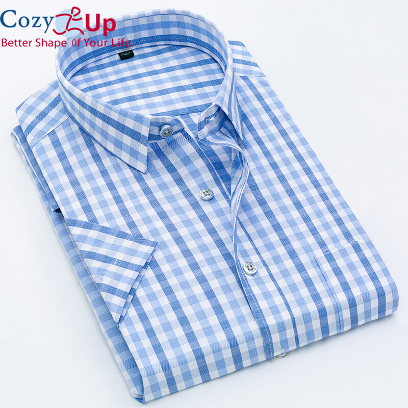 Cozy Up Men Short-sleeved Shirts Fashion Plaid Slim and Comfortable Blended Cotton Casual