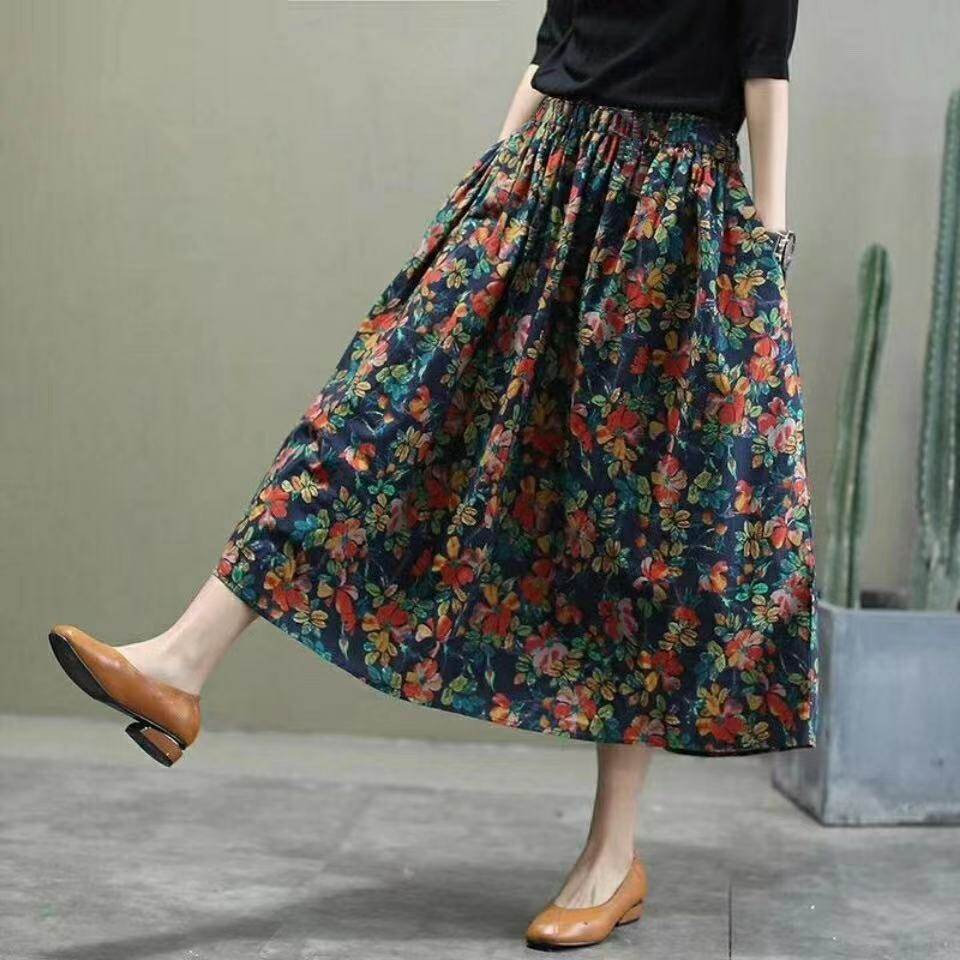 WhiteTime Summer flower skirt in the long high waist show thin skirt retro elastic A-line skirt 301T0255