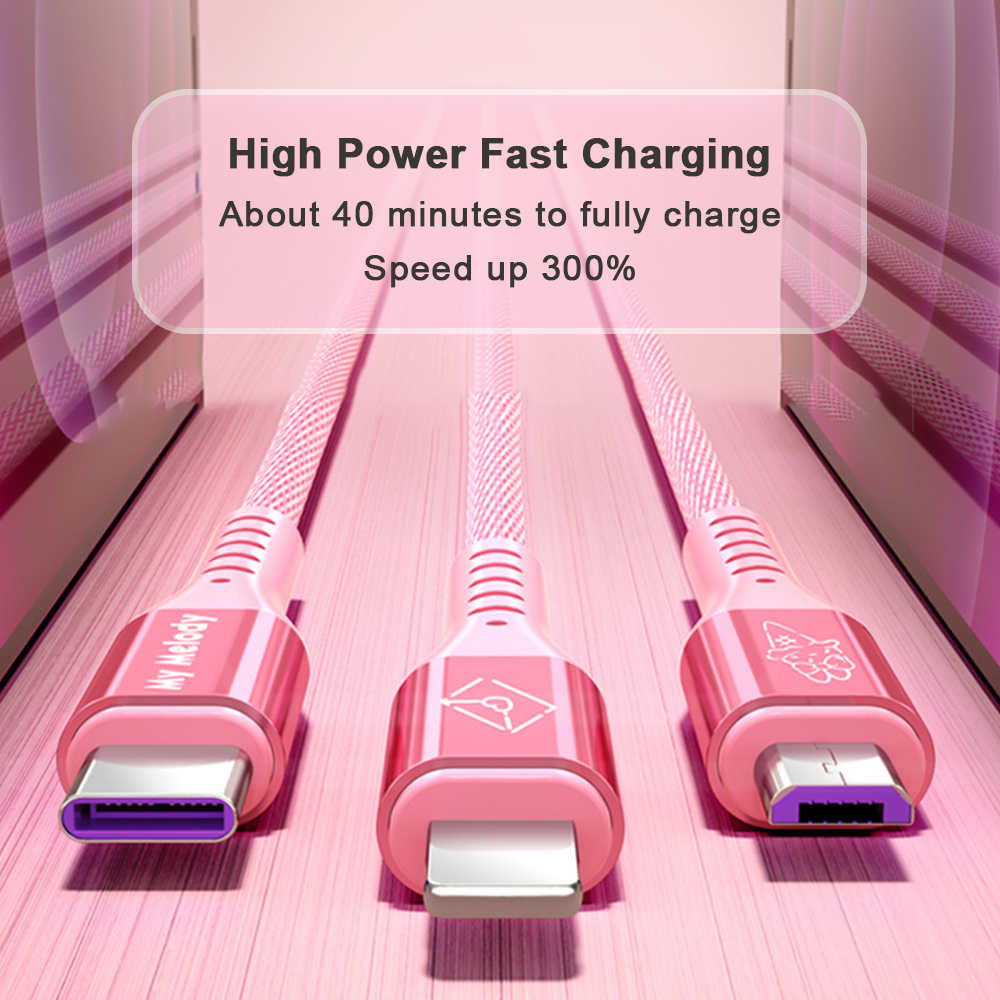 100% Authentic Sanrio Hello Kitty Accessories 3 in 1 Charging Cable USB Cable Type C Lightning Cable Micro USB Cable Fast Charging for iOS and Android Smartphone AQ2 SJ-705