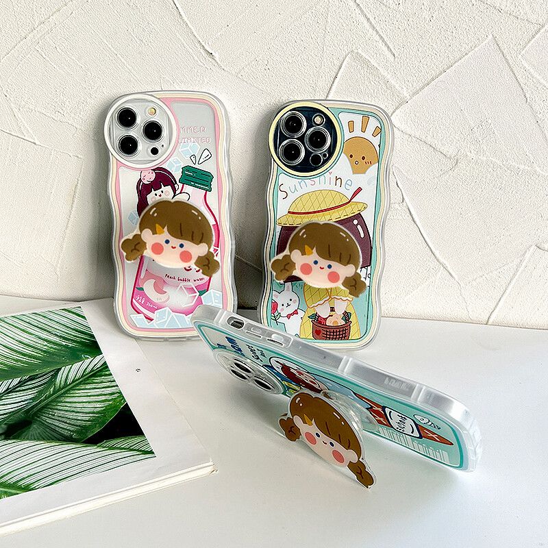 UCUC (Free 8D Holder) Phone Case For iPhone 13 Pro Max 13 mini iPhone 11 Pro Max iPhone 14 Pro Max 14 Plus iPhone 12 Pro Max 12 mini iPhone11pro Casing For Girls Soft Wavy Case Cartoon Girl Shockproof Casing