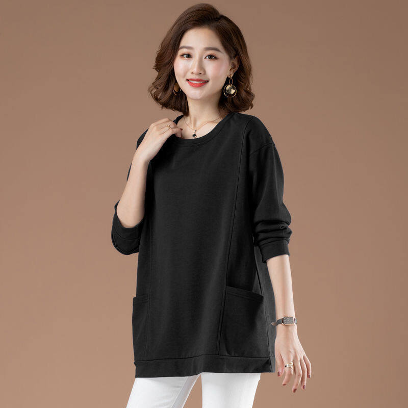 Middle-aged Cotton Sweater Women's Spring and Autumn Casual solid color Loose and Plus-sized Autumn Long-Sleeved Upper Garment with pocket