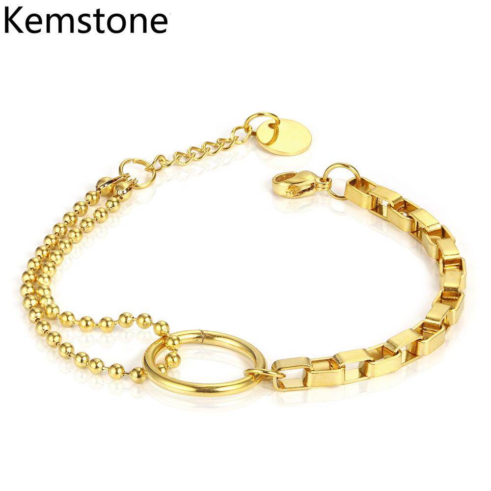Kemstone Gold Plated Stainless Steel Creative Mini Bead Square Buckle Asymmetric Bracelet for Women