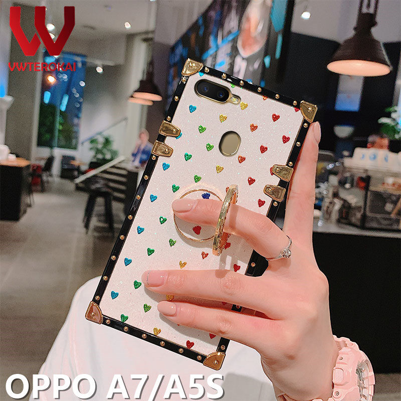 Luxury Bling Glitter Heart Square Case For OPPO A15S A33 A53 A31 A9 A5 A54 F9 F11 A16 A17 A12/A1 Pro/A58/A78/A52/A92/A72 A77S A74 Reno 6Z Reno 7Z Reno 8 pro Reno 8Z Metal Ring Holder Soft Silicone Lady lovely Back Cover Case