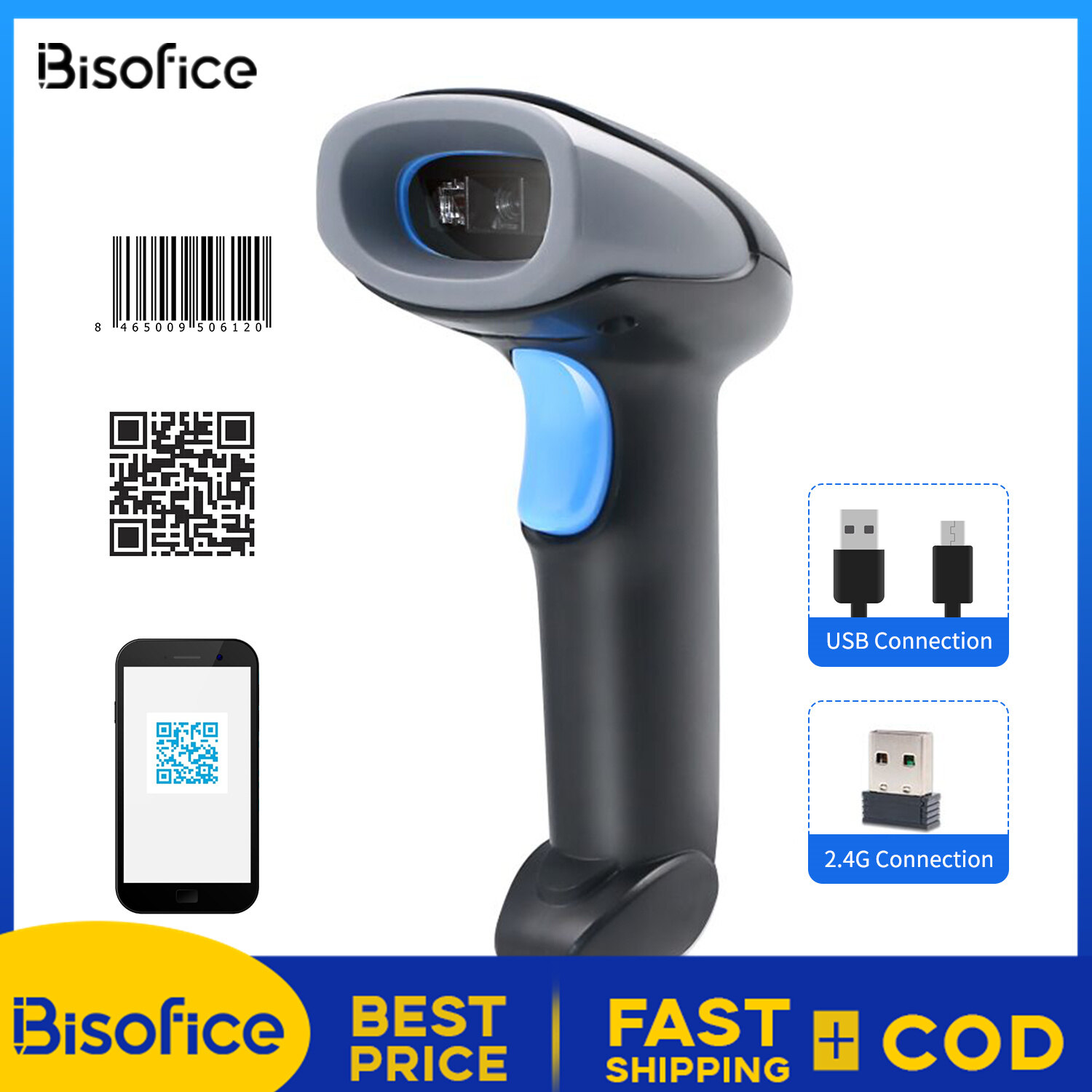 Bisofice Handheld Barcode Scanner 1D/2D/QR Code Scanner 2.4G Wireless & USB Wired Bar Code Reader Compatible with Windows Mac Linux for Supermarket Retail Library Logistics Warehouse