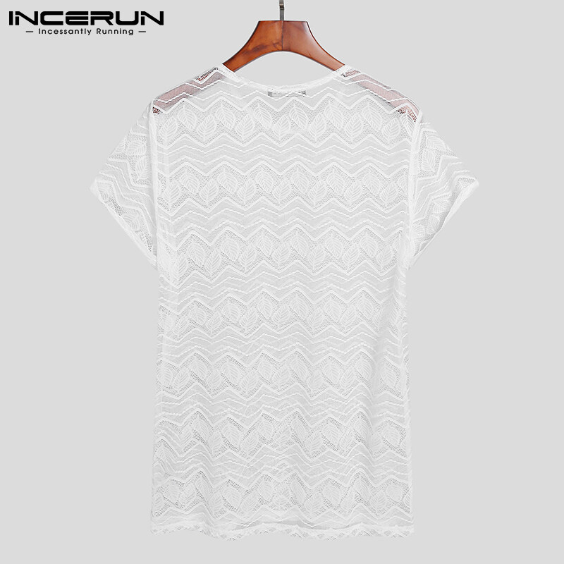 Beehoo INCERUN Áo Thun Lưới Ngắn Tay Xuyên Thấu Cho Nam Áo Cánh Ôm Sát Cổ Tròn Cơ Bắp
