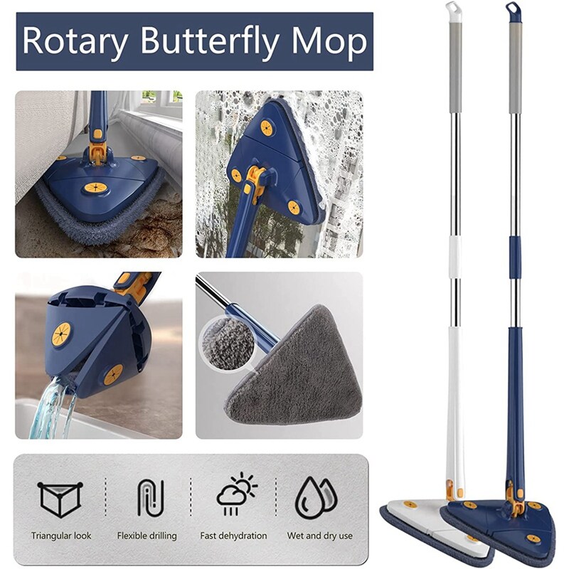 360° Rotating Adjustable Cleaning Mop, Triangle Cleaning Mop with Automatic Water Squeeze Function for Dry and Wet