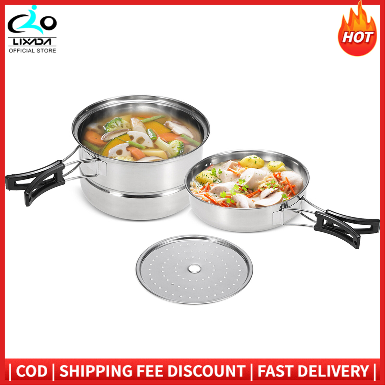 3Pcs Camping Cookware Set Stainless Steel Pot Frying Pan Steaming Rack Outdoor Home Kitchen Cooking Set