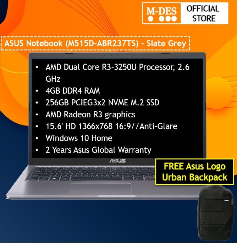 Asus M515D-ABR237TS Laptop / Notebook Slate Grey ( R3-3250U / 4G Ram / 256GB SSD / AMD Graphic / 15.6HD/W10 + Bag ) Malaysia
