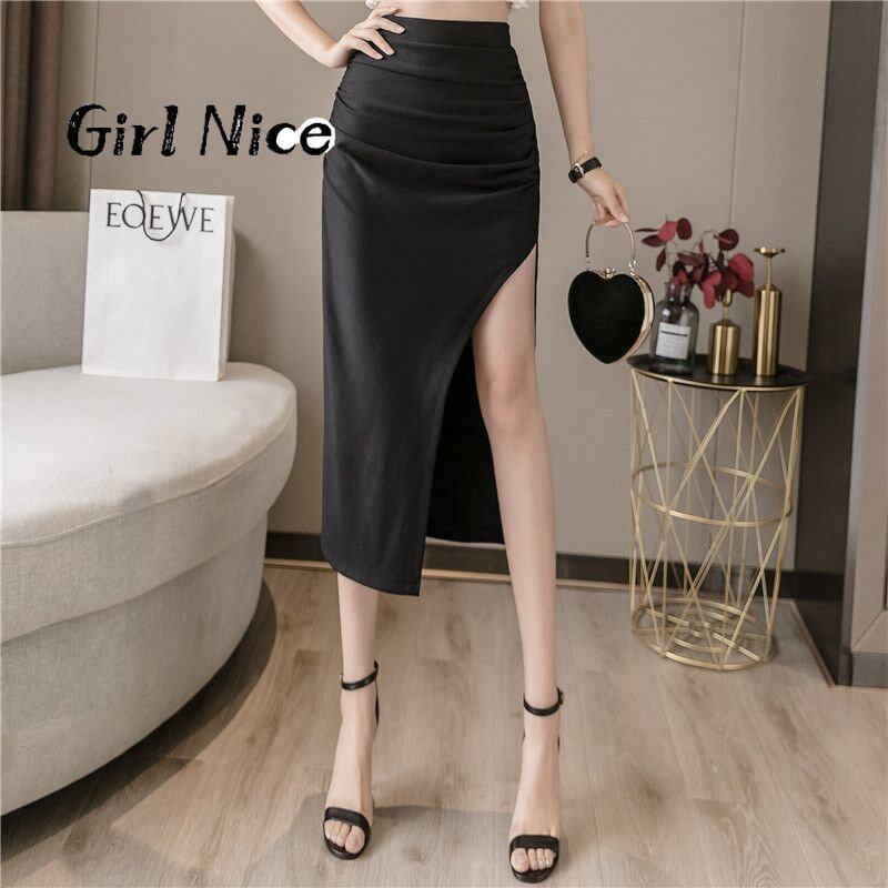 Women's Sexy Open Leg High Waist Slim Fit Pleated Skirt Summer Sexy Black A-line Front Split Slim Wrap Hip Skirt