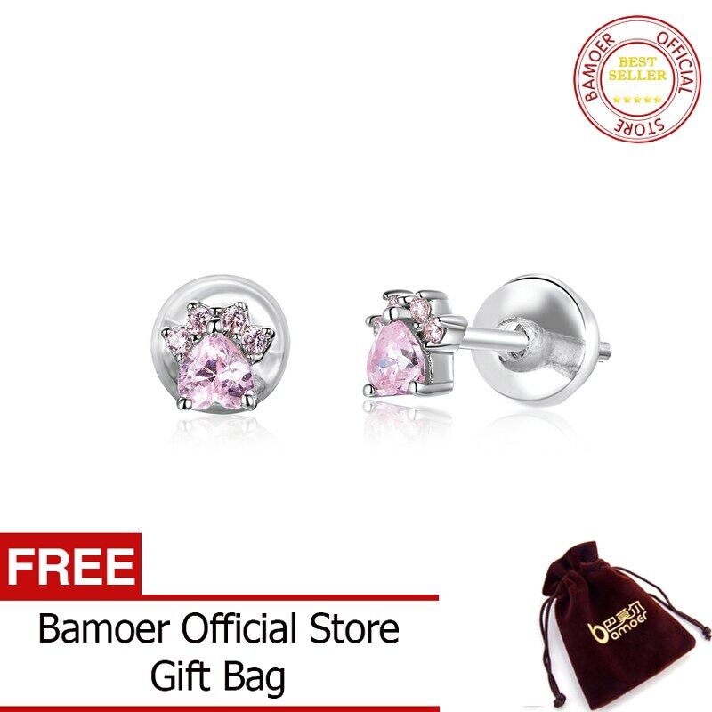 BAMOER Sterling Silver 925 Jewelry Pink CZ Cat Paw Stud Earrings for Women Cute Anti-allergy Ear Studs for Girl Kids SCE781