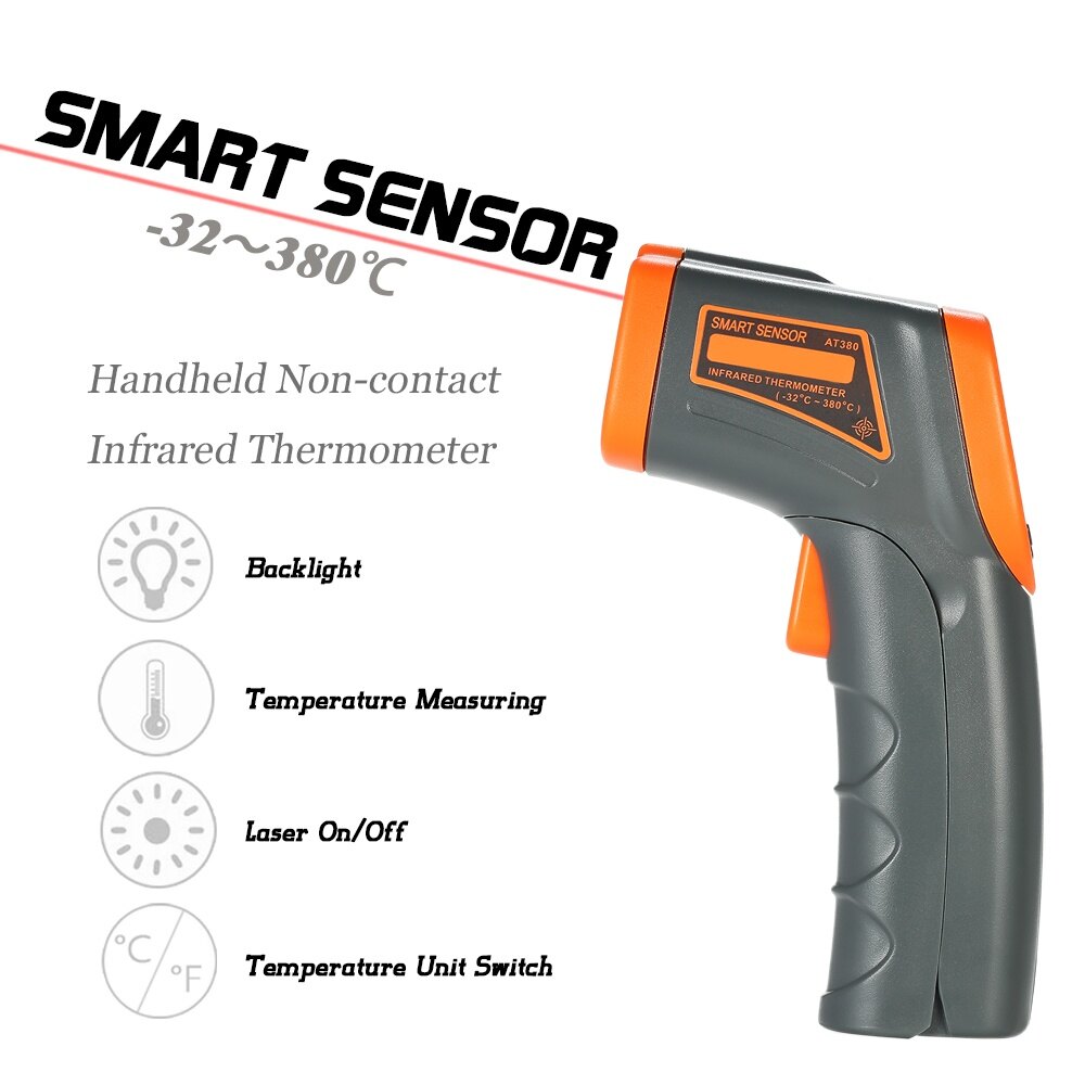 SMART SENSOR -32~380°C 12:1 Portable Handheld Digital Non-contact IR Infrared Thermometer Temperature Tester Pyrometer LCD Display with Backlight Centigrade Fahrenheit