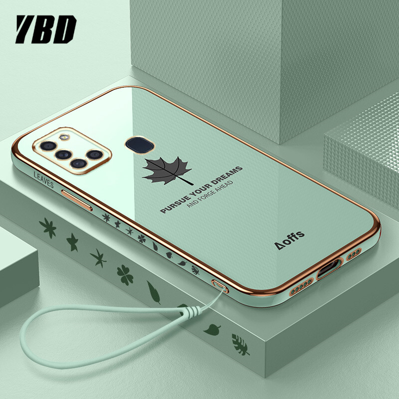 YBD Straight Edge Plating Phone case For Samsung Galaxy A21S casing,Precise Camera Protection case Maple leaf pattern cover with Free lanyard