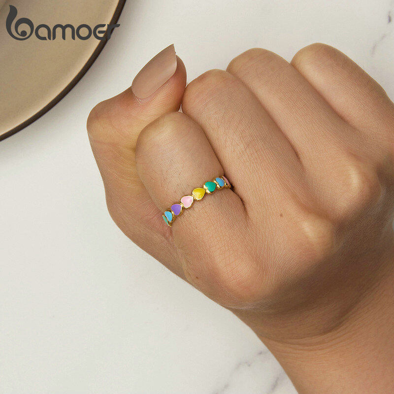 BAMOER Miễn Phí Vận Chuyển Nhẫn Đeo Tay Hình Trái Tim Cầu Vồng Xếp Chồng Lên Nhau Bằng Bạc Ý 925 Thật Tháng 10 Cho Nữ Nhẫn Đính Hôn Đám Cưới Trang Sức Anel SCR444